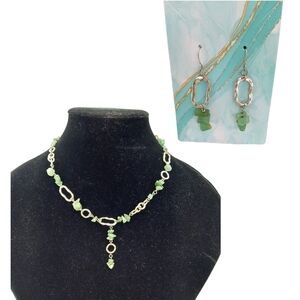 Vintage Womens Jewelry Jade Silver Tone Set Earrings Necklace Green